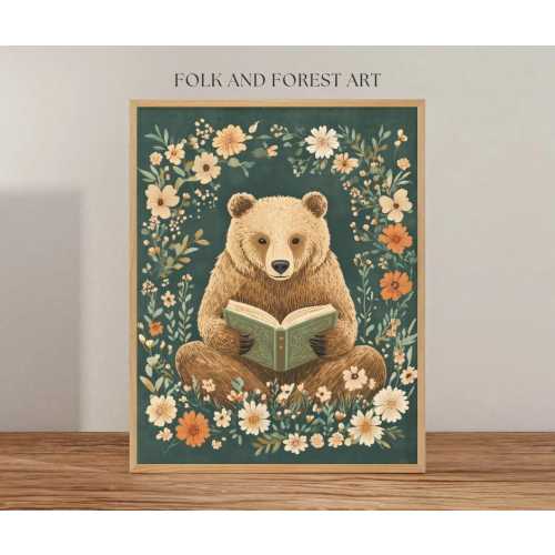 Cozy Reading Bear Print | Folk Art Digital Download | Whimsical Woodland Art | Multiple Sizes Included