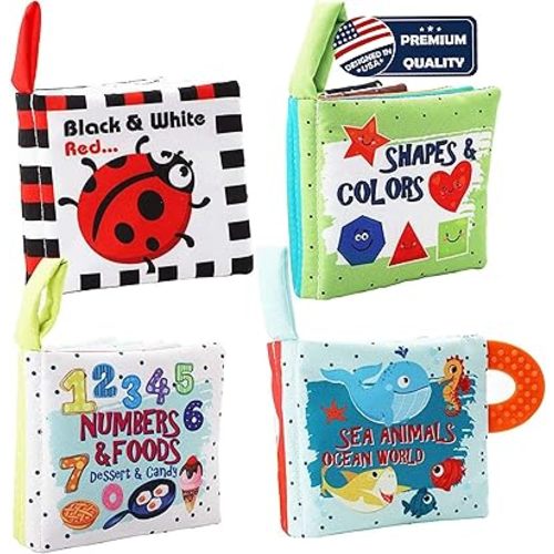 Baby Books Toys Gifts, Touch and Feel Cloth Crinkle Books for Babies,Infant Toddler Baby 0-3-6-12-18 Months,Early Learning Toys 6 to 12 Months 1-2 Years Old,Christmas Shower Gift for Boys Girls,4 PCS