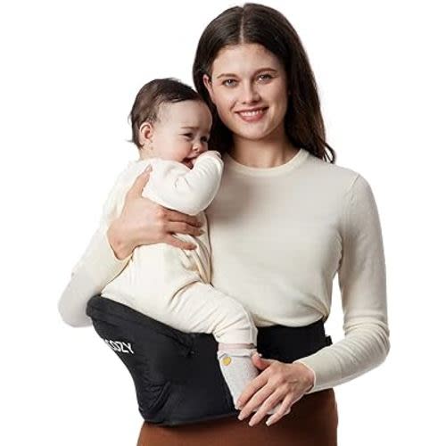 Momcozy Hip Seat Baby Carrier - Adjustable Waistband with Original 3D Belly Protector, Ergonomic Carrier with Various Pockets for Newborns & Toddlers up to 45lbs (Black, Medium)