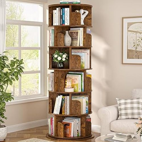 Aheaplus 6 Tier Rotating Bookshelf, Wood Spinning Bookshelf Tower, Round Revolving 360 Bookcase, Narrow Turning Book Shelf Rolling Corner Organizer for Small Space, Bedroom, Office, Rustic Brown
