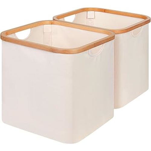 2-Pack Storage Bins, Cube Organizer With Bamboo Handles,13-Inch Collapsible Storage Baskets for Organizing Toys, Books, Shelves, Closet,Beige