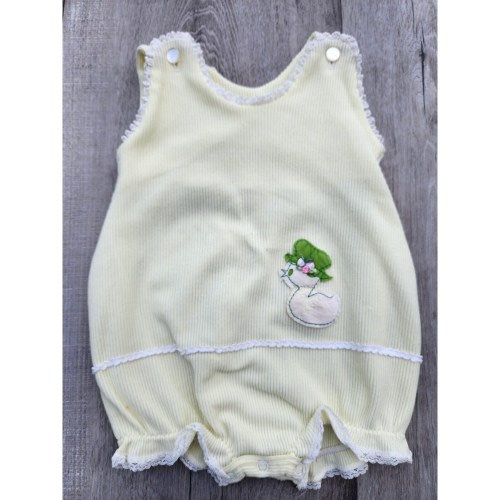 Vintage 1970s Yellow Goose Bird Flower Ruffle Bubble Baby Romper Sz 6 Months