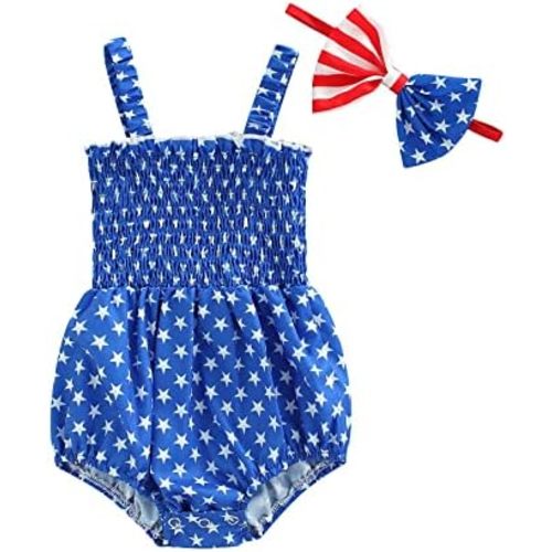 Newborn Baby Girl My First July 4th Outfit Letter Embroidery Shirred Sleeveless Bubble Romper Set Infant Clothes