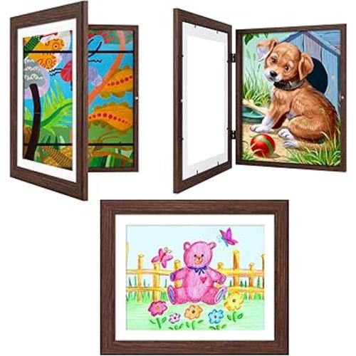 3 Pack Kids Art Frames Rustic Brown, 10x12.5 Kids Artwork Frames Changeable Front Opening, 8.5x11 With Mat and 10x12.5 Without Mat, Children Storage Frame Holds 50Pcs Crafts, Drawing, Art Projects