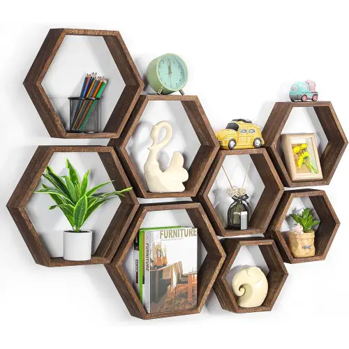 Hexagon Floating Shelves Set of 8 Wood Hexagonal Shelves Brown Wall Decor and Storage Racks for Living Room Floating Honeycomb Plants Shelf Farmhouse Wall Hexagon Hanging Shelf for Bedroom Home