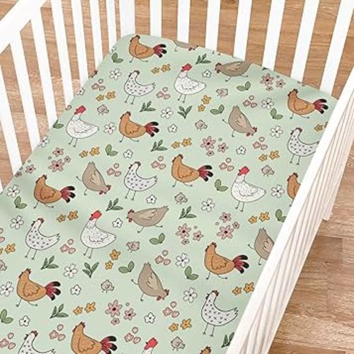 Cute Chicken Floral Fitted Baby Crib Sheets Girl Boy 52"x28" Hen Rooster Boho Retro Flowers Crib Mattress Cover Soft Breathable Spring Farm Animals Baby Sheet for Standard Crib & Toddler Bed Mattress