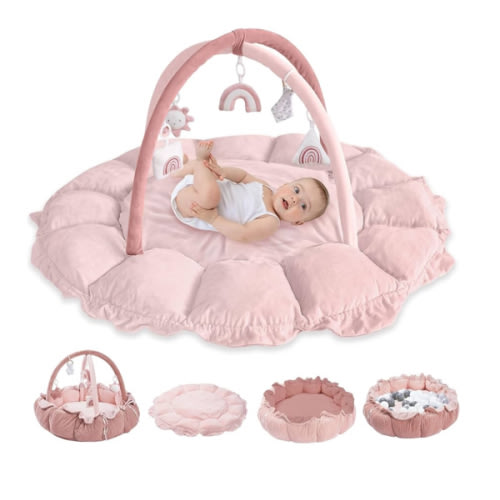 HAN-MM 5-in-1 Convertible Baby Play Gym with 6 Toys, Tummy Time Mat for Sensory Development, Baby Activity Center from Newborn to Toddler, Ball Pit, Cat & Dog Bed, Soft Plush Pet Bed, Pink