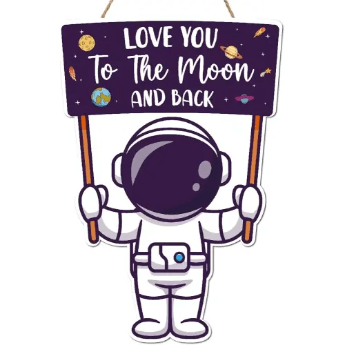 Space Themed Wooden Hanging Wall Sign,Love You to The Moon and Back Astronaut Hanging Wall Sign,Outer Space Themed Wall Art for Boys Bedroom Nursery Playroom