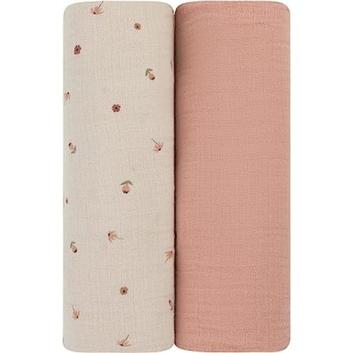 Ely’s &Co. Muslin Swaddle Blanket 2-Pack — 100% Cotton Muslin Extra-Large Swaddle Blankets (47” x 47”) Solid + Printed (Pink Garden Flower)