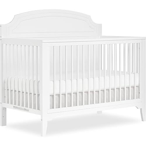 Dream On Me Milton 5-in-1 Convertible Full-Size Baby Crib in White, Wood Spindles, GreenGuard Gold & JPMA, Converts to Toddler, Day & Full-Size Bed, Adjustable Mattress Heights