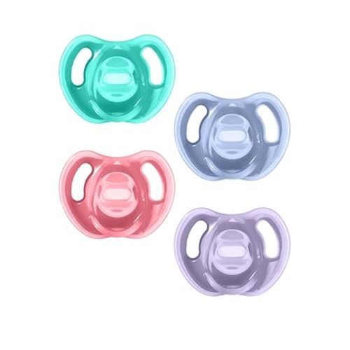 Tommee Tippee Ultra-Light Silicone Pacifier, 0-6 Months, Symmetrical One-Piece Design, BPA-Free Silicone Binkies, Pink/Purple/Green, Pack of 4