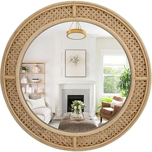 Round Rattan Wall Mirror with Wooden Framed, Modern Boho Decorative Mirror for Bathroom, Entry, Living Room, Bedroom, 24 Inch