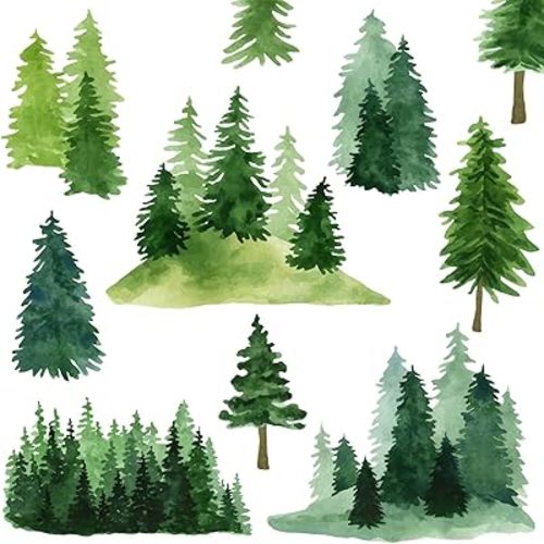 Watercolor Pine Tree Wall Decals Green Pine Tree Wall Sticker Large Tree Wall Decals Nature Woodland Forest Tree Wall Stickers for Nursery Bedroom Living Room Decor