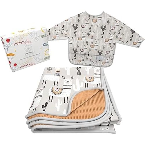 BABYBOET Splat Mat for Baby – Under High Chair Floor Mat Protects Wood, Vinyl and Carpet from Spills – Waterproof 4 Layer Baby Mat Bundle with Waterproof Matching Smock (51” x 51”)