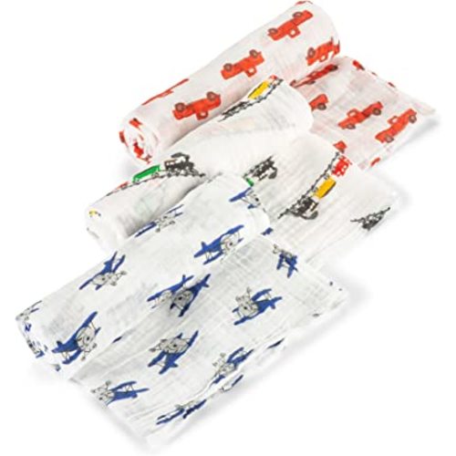 LollyBanks Muslin Swaddle Blanket for Baby Boy |Trucks, Airplanes, and Trains |100% Cotton |New Borns and Infants |Large 47 x 47 inches |Machine Washable - Blue, Red, Yellow, Green