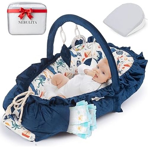 Blue Infant Support Cushion with Play Arch for Supervised Awake-Time Floor Use - 100% Cotton Interior, Micro-Velvet Exterior, Portable Baby Cushion with Carry Bag - Premium