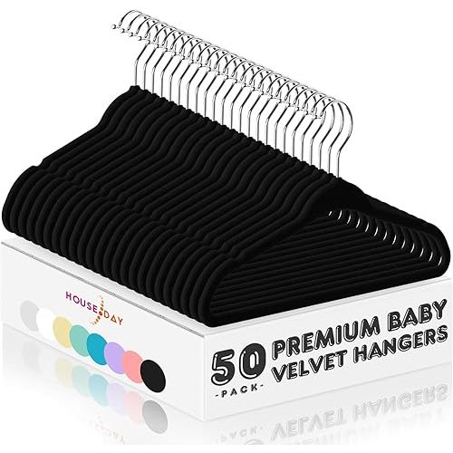 HOUSE DAY Velvet Baby Hangers 50 Pack, Premium Children's Hangers for Baby, Infant & Toddler Clothes, Durable Non Slip Baby Felt Hangers Black, 11 Inch Baby Hangers for Closet, Ideal for Everyday Use