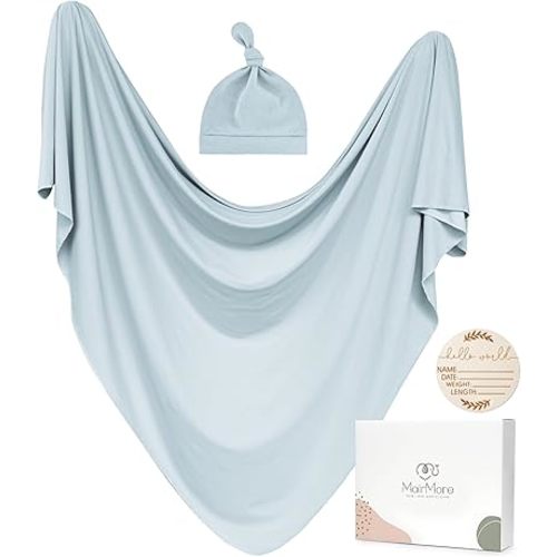 Baby Swaddle Receiving Blankets with Matching Beanie Set Newborn Nursery Swaddle Wrap for Baby Girls and Boys (Blue)