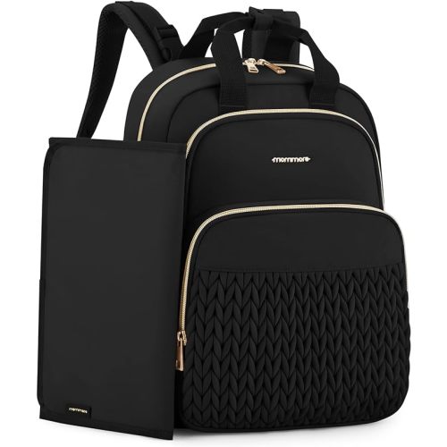 mommore Diaper Bag Backpack Large Baby Bag for Boys Girls Quilted Travel Diaper Backpack with Changing Pad, Stroller Straps - Black