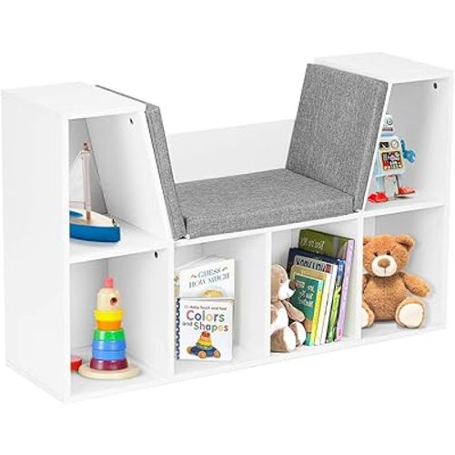 HONEY JOY Reading Nook Organizer with Seat Cushion, Kids Bookcase with Reading Nook, 6-Cubby Wooden Corner Storage Shelf Book Nook for Playroom Bedroom Decor (White)