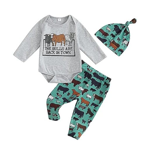 Baby Layette Set Infant Boy Farm Animals Bodysuit Clothes Letter Romper+Pants Newborn Coming Home Outfit with Hat