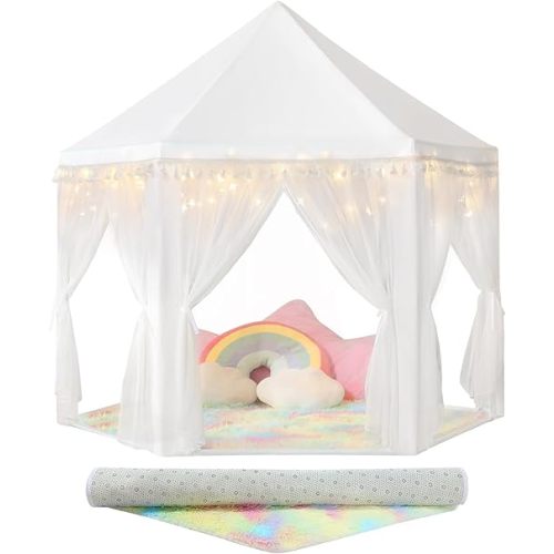 Princess Tent for Girls Indoor: with Rainbow Rug, Star Lights - White Play Tent for Kids, Girls Toys for Indoor Princess Games