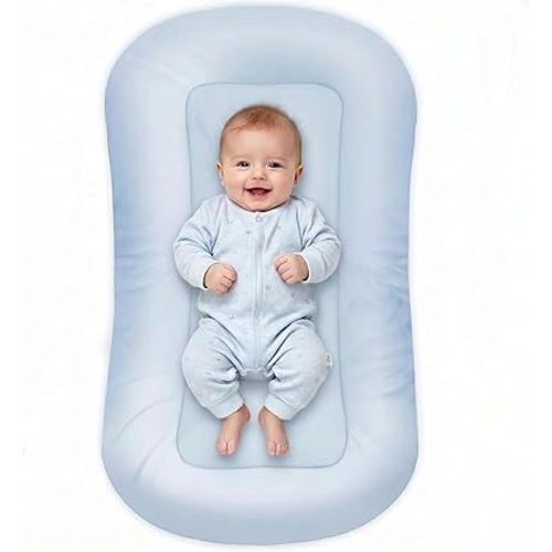Baby Nests,100x60cm Baby Lounger for Newborn, Portable 100% Breathable Cotton Baby Lounger Nest for Newborn & Babies (0-12 Months) (Blue)