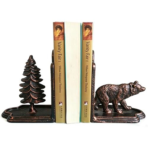 Bear Bookends Decorative, Heavy Duty Cast Iron Book Holder, Bear and Tree Book Ends for Shelves Living Room Home Decor Office, Antique Bronze, 1 Pair/2Pieces