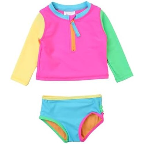 RuffleButts® Baby/Toddler Girls Long Sleeve Rash Guard 2 Piece Swimsuit Set w/UPF 50+ Sun Protection with Zipper