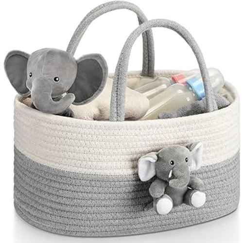 Elephant Diaper Caddy Organizer Cart Storage for Nursery with Handle, Baby Shower Basket Gift Baby Bath Caddy for Diapers and Baby Wipes, Elephant Basket for Baby Nursery