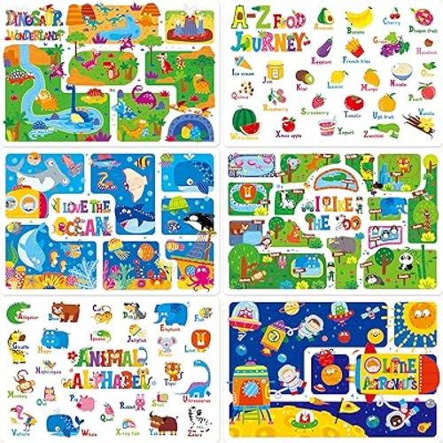 6 Pack Placemats for Kids, Non-Slip Washable, Reusable Animals, Alphabet, Dinosaur, Universe, Ocean Themed Educational Placemats for Home, Kindergarten, Classroom, Nursery