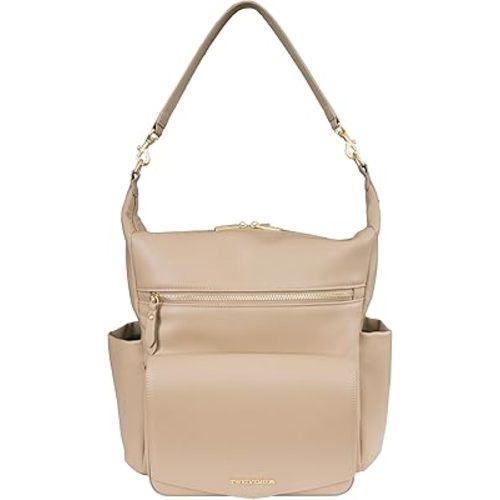 TWELVElittle Peek A Boo Convertible Hobo Diaperbag Backpack with Changing Pad, Wipes Case and Stroller Clips, Vegan Leather (Taupe)
