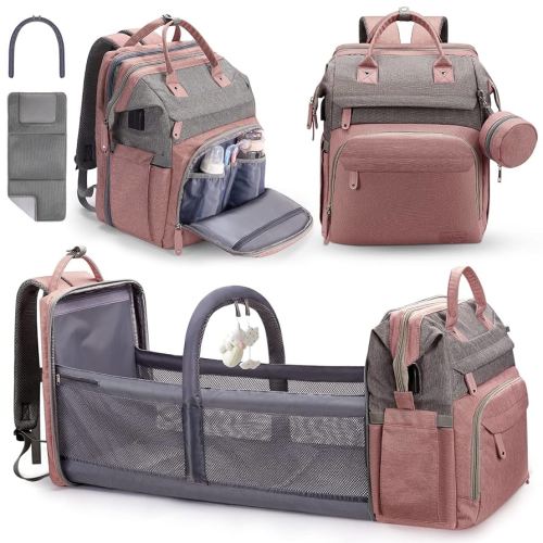 DERJUNSTAR Diaper Bag Backpack – Large Capacity Baby Diaper Bag with Changing Pad, Waterproof Travel Backpack for Boys & Girls, Multi-Function Baby Bag with USB Charging Port, Rose Pink