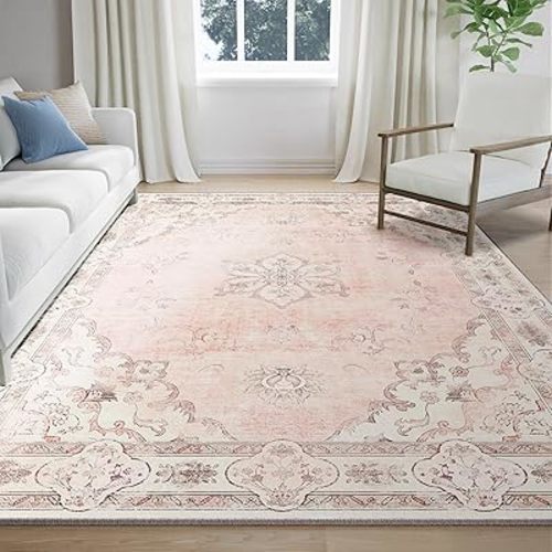 8x10 Area Rug Floral Print Rug Machine Washable Rugs Floor Carpet Non-Slip Low Pile Area Rugs for Living Room Bedroom Dining Room - Pink