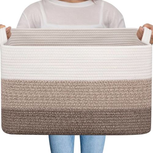 OIAHOMY Large Storage Basket, Cotton Rope Woven Blanket Basket, Toy Bin for Baby Room, Container for Blanket Storage in Living Room, 20''×16''×12'', Gradient Brown
