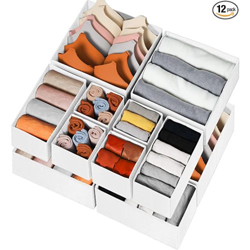 12 Pack Drawer Organizers for Clothing, Foldable Fabric Closet Organizers and Baby Nursery Storage Dresser Drawer Dividers for Socks, Underwear, Bras, Belt, Tie, College Dorm Room Essentials - White