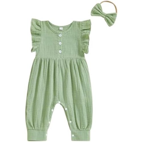 Karuedoo Newborn Infant Baby Girl Clothes Cotton Linen Ruffle Sleeveless Bubble Romper Jumpsuit One-Piece Summer Outfit