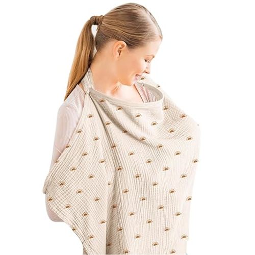 Konssy Muslin Nursing Cover for Baby Breastfeeding, Breathable 100% Cotton Breastfeeding Cover with Rigid Hoop for Mother Nursing Apron, Multi-use Carseat Canopy (Sun)