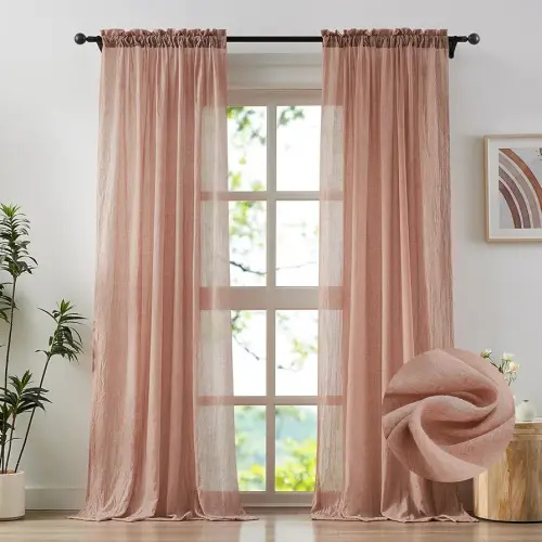Elegant Blush Pink Sheer Curtains Cotton Linen Textured for Living Room, Bedroom Soft Light Filtering Crinkle Sheer Drapes Natural Rod Pocket Crepe Curtains, W52 x L84 inch, 2 Panels