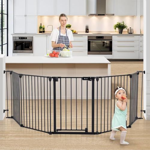 COMOMY 127.8" Extra Wide Baby Gate, Dog Gate for House Stairs Doorways Fireplace, Auto Close Pet Gate with Door Walk Through, 5 Metal Panels, Hardware Mounted Baby Fence Indoor Outdoor(30" Tall,Black)