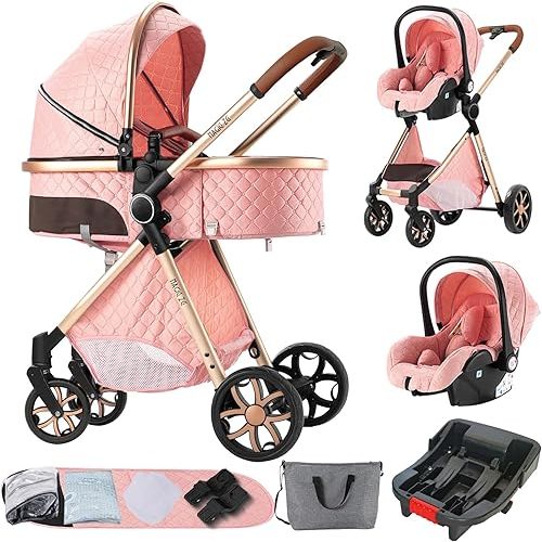 3 in 1 Baby Travel System Reversible Baby Stroller Pushchair Portable Baby Standard Pram Buggy Baby Carriage Foldable Luxury Baby High Landscape Pram for Toddler Newborn (UDV9-PINK with Base)