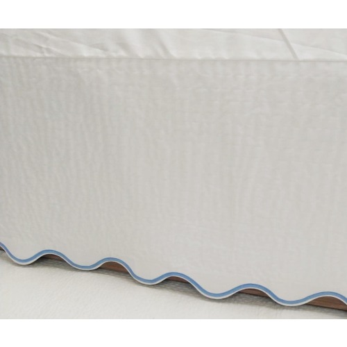 Quilted Crib skirt Scalloped Embroidery White 100% Cotton Sateen Crib skirt with split corners ; 4-sided skirt fits around the entire crib