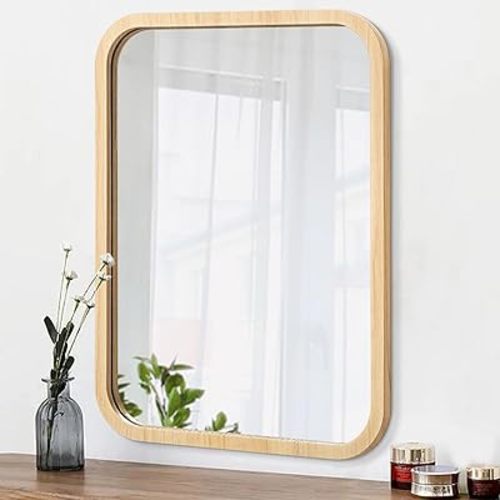 20"x28" Wood Natural Color Bathroom Mirror for Over Sink Framed Mirrors for Bathroom Vanity, Rectangle Wall Mirror, Restroom Entryway Hallway Bedroom Living Room