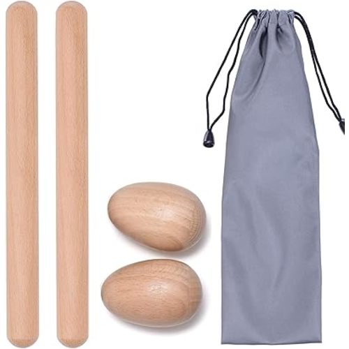 4 Pcs Musical Hand Percussion Instrument Set, Includes 1 Pair 8 Inch Rhythm Sticks Wood Claves and 1 Pair Wood Egg Shakers for Kids
