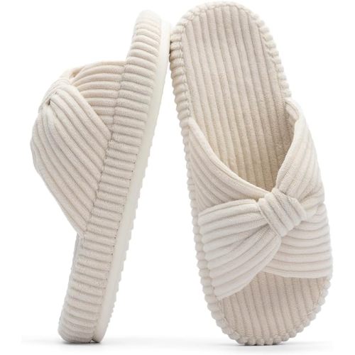 Chantomoo Slippers for Women Memory Foam House Bedroom Corduroy Bow Crossbands Slipper Shoes Comfy Trendy Gift Slippers