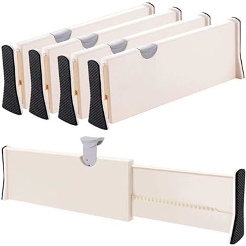 Drawer Dividers Organizer 4 Pack, Adjustable Separators 4" High Expandable from 11-17" for Bedroom, Bathroom, Closet,Clothing, Office, Kitchen Storage, Strong Secure Hold, Foam Ends, Locks in Place
