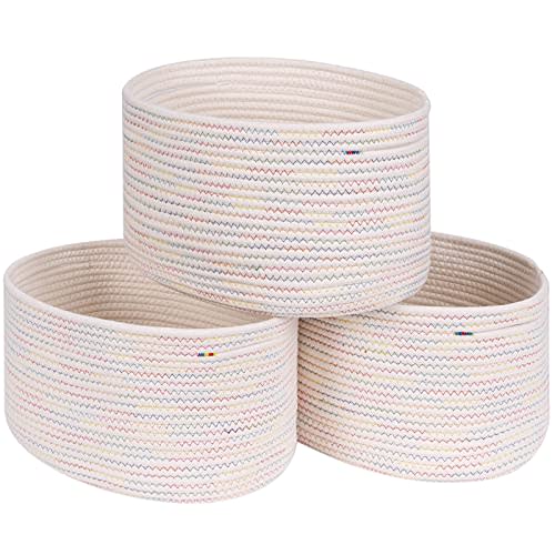 CubesLand Woven Basket for Organizing/Shelves, Cube Shelf Closet Storage Baskets Bins Set 3, Long-lasting &Skin-friendly Storage Basket Bin, Stylish Room Basket, Rainbow Stitches Cotton Rope Basket