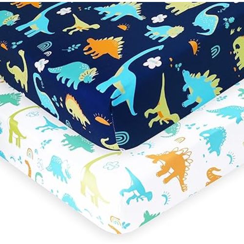PHF Soft Crib Sheet Fitted, 2 Pack Baby Sheets for Boys Girls, 28x52x9in Fits Standard Crib and Toddler Mattresses, Silky Comfy Breathable Polyester Baby Mattress Sheets, Dinosaur