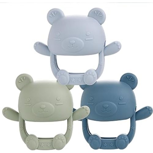 Bear Silicone Baby Teether Teething Toys for 0-12 Months Infants, Food Grade Silicone Teething Mitten, Hand Teether for Sucking Needs, Baby Teether Toys Baby Chew Toys, BPA-Free, Pain Relief (Blue)