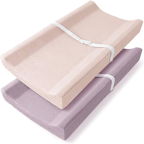 Bearmoss Changing Pad Cover, 2 Pack Muslin [100% Cotton] Diaper Changing Table Covers, 32'' x 16'' Soft Breathable Changing Pad Sheets for Unisex Baby Girls and Boys with Strap Holes (Candy Floss)